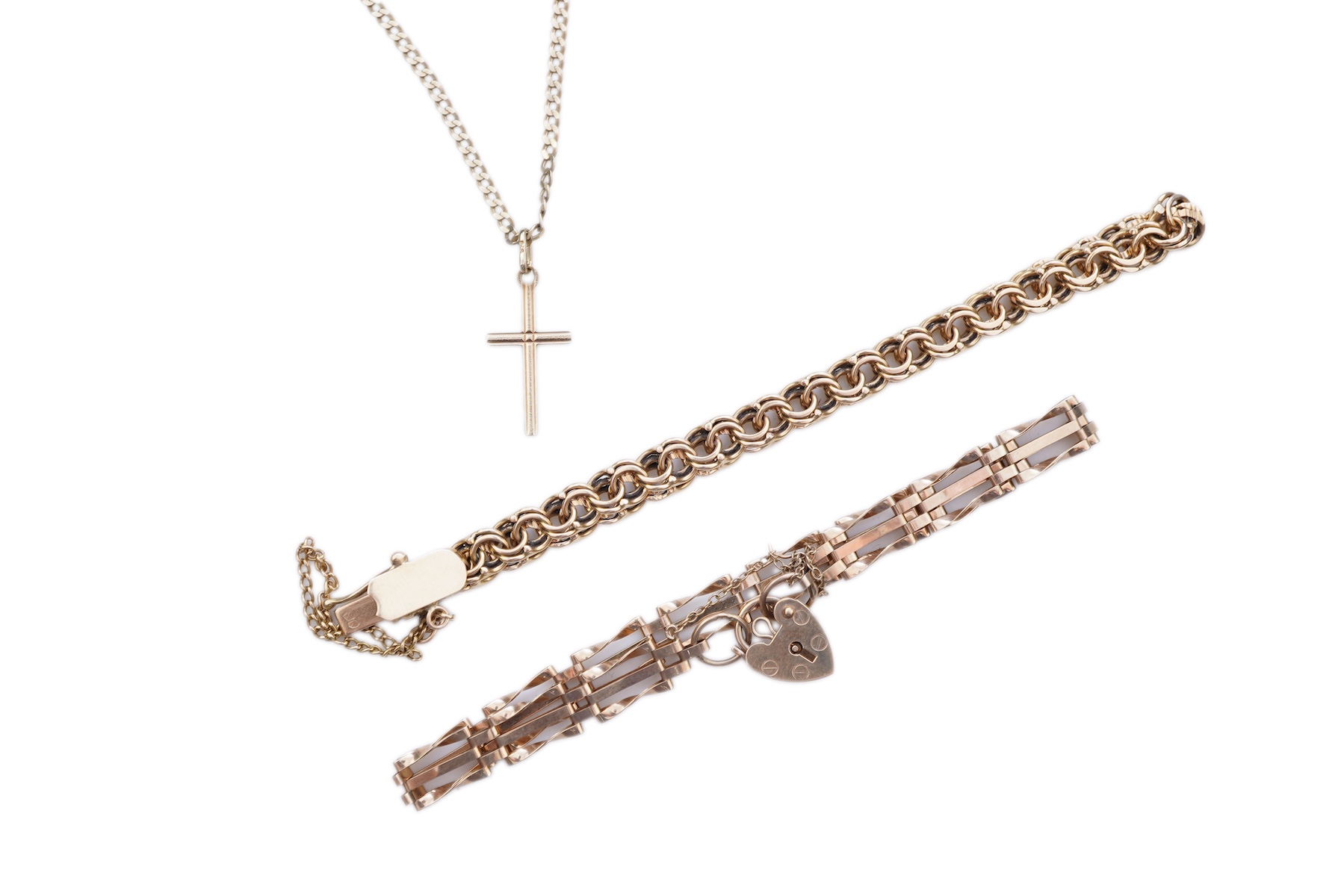 Two gold bracelets and a gold necklace